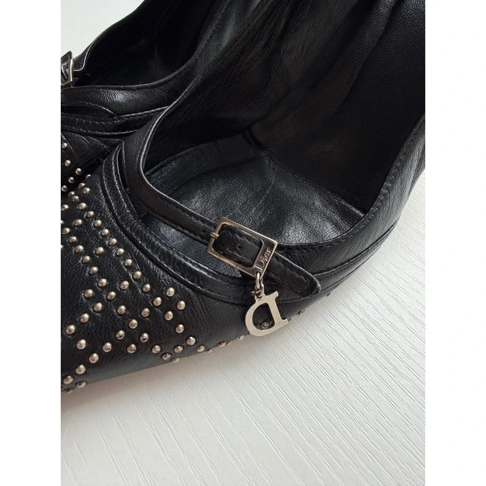 Christian Dior Black Leather Studded Pointed Toe Pumps Charm Heels Size 38